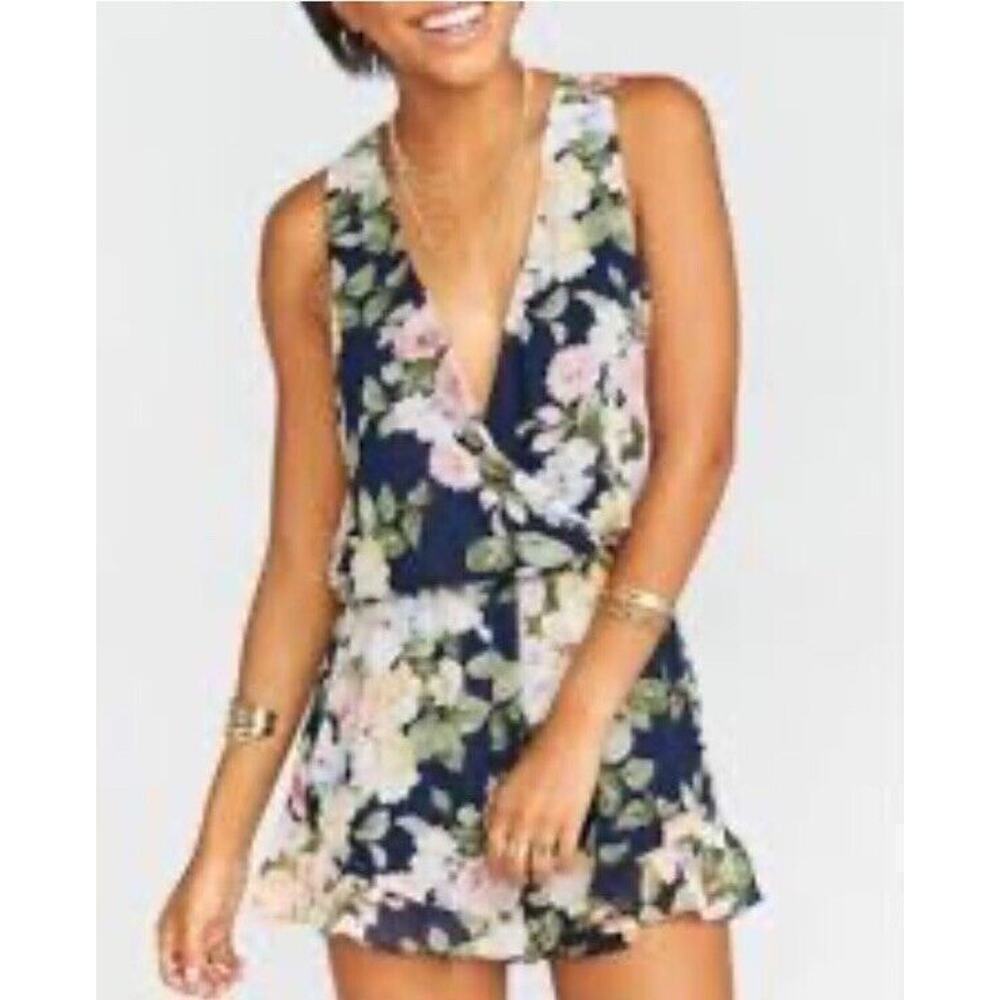 Show Me Your Mumu Size M Romper Riri Blue Floral Deep V-Neck Wrap Cutout